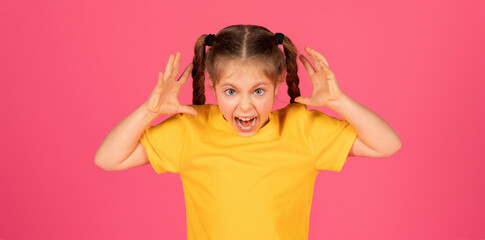 Anger Concept. Portrait of angry preteen girl shouting at camera