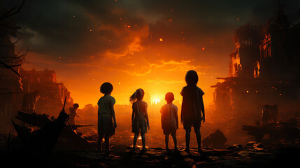 Fototapeta premium Standing Strong: Silhouetted Children by the Devastation