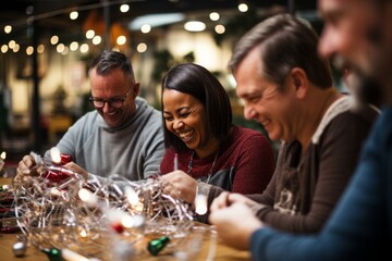 A diverse group of colleagues laughing and enjoying as they engage in holiday crafts for team building, with Christmas decorations adorning the room