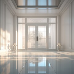 Modern glass door in front in detailed white interior render in blender. Background home interior design.