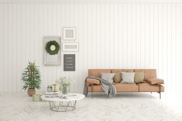 White modern interior design with sofa. Scandinavian interior design. 3D illustration