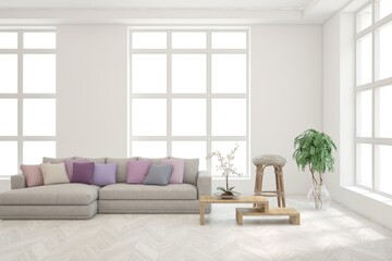 Interior design of modern apartment. Interior mockup. Scandinavian interior design. 3D illustration