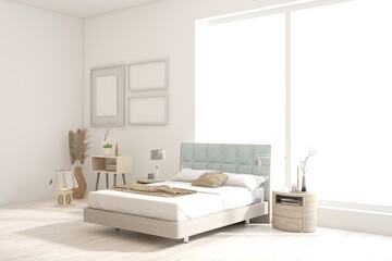 White bedroom concept. Scandinavian interior design. 3D illustration