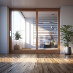 Modern glass door in front in detailed interior render in blender. Background home interior design.