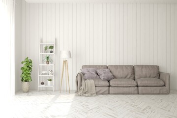 White living room with sofa. Scandinavian interior design. 3D illustration