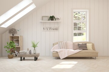 Modern minimalist interior with sofa on empty white color wall background. Interior mockup. Scandinavian interior design. 3D illustration