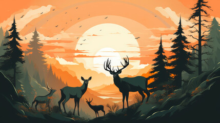 Wildlife Sunset with Deer Family