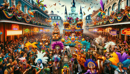 Mardi Gras celebration,  people at carnival parade - obrazy, fototapety, plakaty