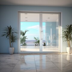 Modern glass door in front in detailed white interior render in blender. Background home interior design.