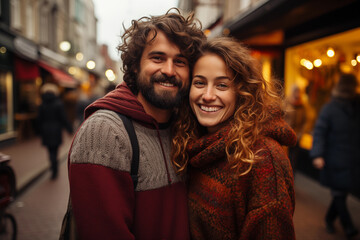 portrait of cheerful couple in knitted sweaters on crowded street with holiday lights