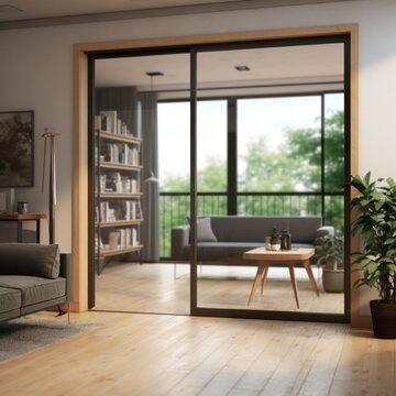 Modern glass door with wood frame in side perspective view in detailed light natural interior with lights render in blender. Background home interior design.