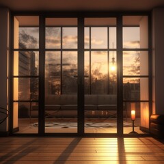 Modern glass door in front in detailed interior render in blender. Background home interior design.