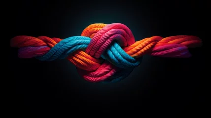 Foto op Plexiglas Team rope diverse strength connect partnership together teamwork unity communicate support. Strong diverse network rope team concept integrate braid color background cooperation empower power. © Максим Зайков
