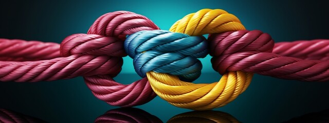 Team rope diverse strength connect partnership together teamwork unity communicate support. Strong diverse network rope team concept integrate braid color background cooperation empower power.