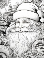 A black and white drawing of a santa claus, coloring book for adults.