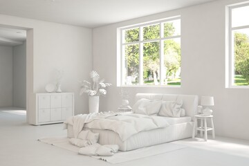 Grey lbedroom concept. Scandinavian interior design. 3D illustration