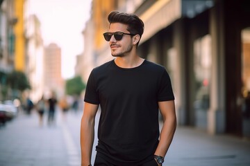 Shirt mockup. Young male model. Sleek t-shirt.