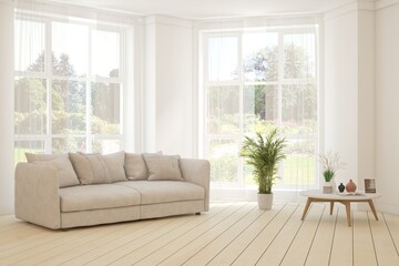 Bright interior design with modern furniture and summer landscape in window. 3D illustration