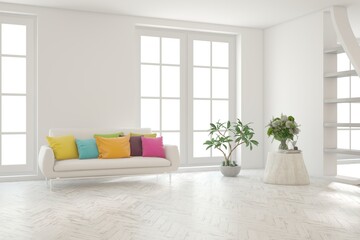 White living room with sofa. Scandinavian interior design. 3D illustration