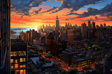 city skyline at sunset