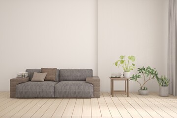 White modern interior design with sofa. Scandinavian interior design. 3D illustration