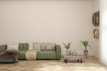 Modern interior concept with sofa and summer landscape in window. 3D illustration