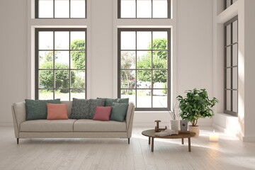 Modern interior concept with sofa and summer landscape in window. 3D illustration