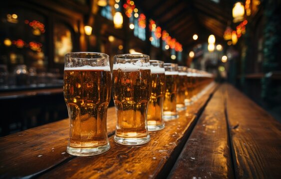 Uniformly staged image of beer glasses lined up on a wooden table