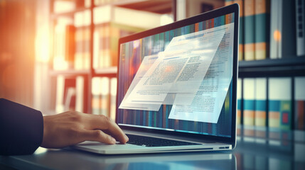 Human AI using computer for Document management system concept, business man using computer folder and document icon software, searching and managing files online document database
