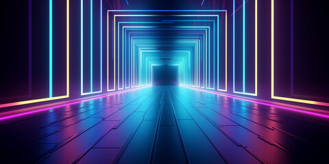 Neon dark stage shows empty room: neon light, spotlights, dark blue, purple, pink background - dance floor for product display in studio, backdrop for photo shooting. Generative AI.