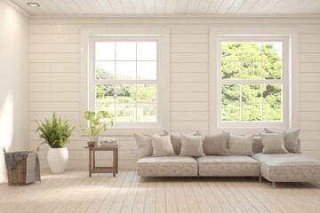 White living room with sofa and summer landscape in window. Scandinavian interior design. 3D illustration