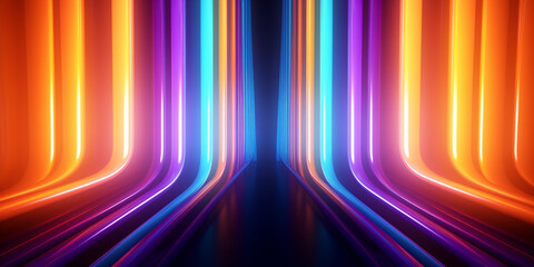 Neon dark stage shows empty room: neon light, spotlights, dark blue, purple, pink background - dance floor for product display in studio, backdrop for photo shooting. Generative AI.