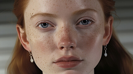 Close-up view of a female face with grey eyes. Redhead, freckles. Illustration, wallpaper, background.