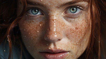 Close-up view of a female face with grey eyes. Redhead, freckles. Illustration, wallpaper, background.