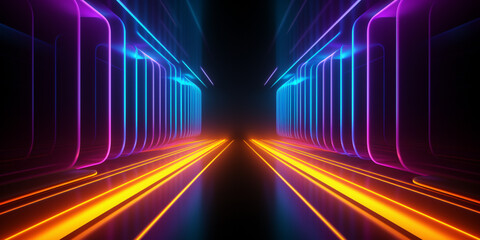 Neon dark stage shows empty room: neon light, spotlights, dark blue, purple, pink background - dance floor for product display in studio, backdrop for photo shooting. Generative AI.