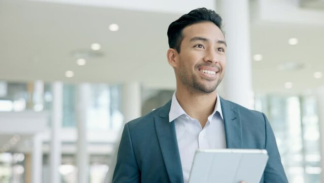 Business, man or tablet with stock market, walking or happiness with research, data analysis or planning. Male person, investor or trader with technology, network or search internet with website info