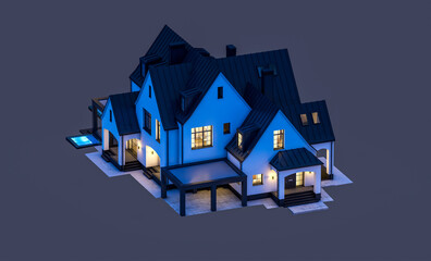 3d rendering of cute cozy white and black modern Tudor style house with parking  and pool for sale or rent with beautiful landscaping. Fairy roofs. In the night  Isolated on black