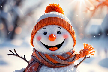 Cute funny laughing snowman with orange hat and scarf on snowy snow with bokeh. Generative AI art 