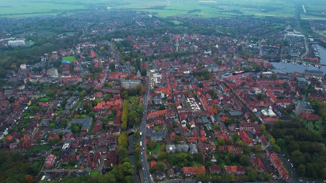 Aerial view around the old town of Emden in Germany 