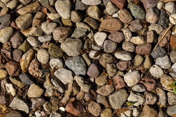 Texture of a stone street path with withered leaves.