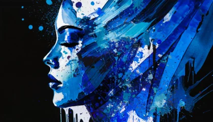 Poster Blue indigo neutral partial cool splash face on a dark blue background © CreativeStock
