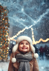 winter scene with a little girl looking up with Christmas lights and snow