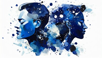 Blue indigo neutral partial cool splash face on a dark blue background - obrazy, fototapety, plakaty