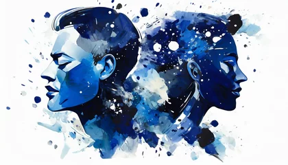 Poster Blue indigo neutral partial cool splash face on a dark blue background © CreativeStock