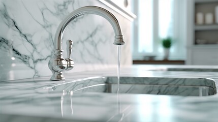 Close up of a kitchen water faucet with a sink on a.Generative AI