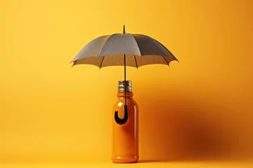 Fotobehang An umbrella and a bottle of alcohol on an orange background. Dry January concept with lot of negative space.  © annne