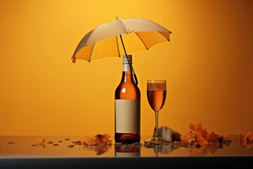 Bottle of wine under umbrella on orange background with copy space. Dry january concept with lot of negative space. 
