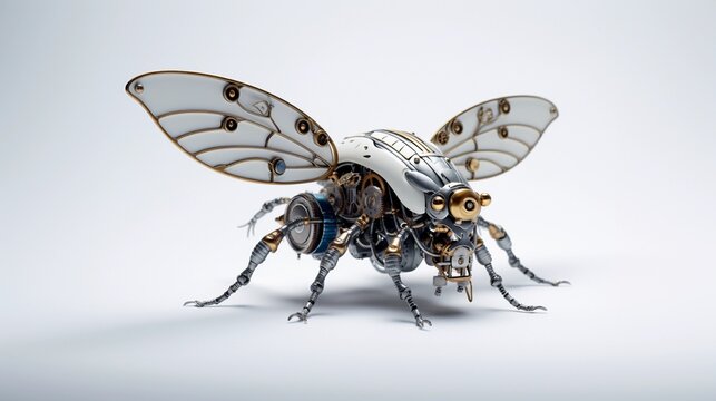 Eine Roboter M&uuml;cke oder Fliege vor wei&szlig;em Hintergrund.