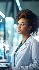 Beautiful young african woman scientist in white coat