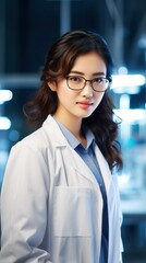 Beautiful young asian woman scientist in white coat